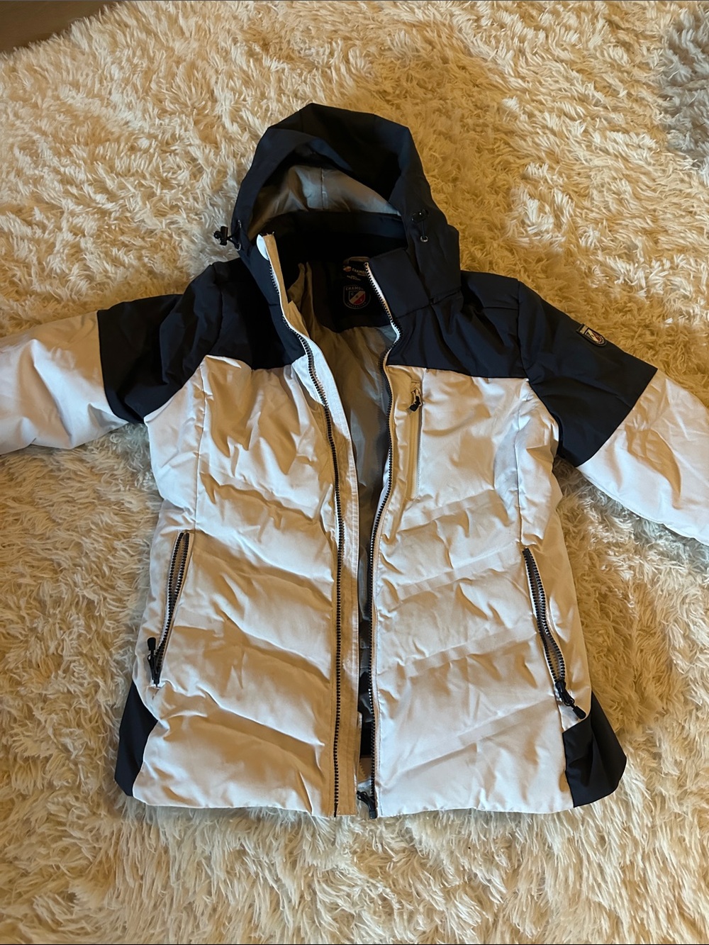 Insulated Ski Jacket - White & Black Hooded Winter Shell